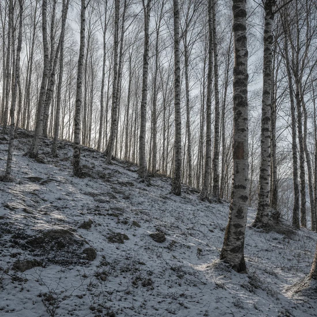A north-facing birch slope under thin snow, the low winter sun raking through the trunks, no building in sight