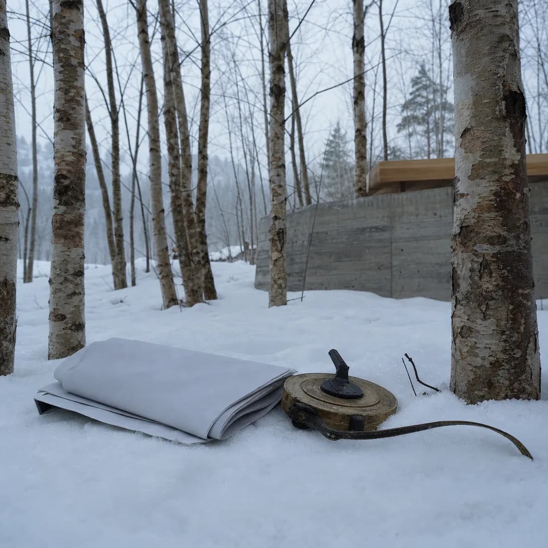 A surveyor's tape and a folded drawing laid out on snow between birch trunks in low blue winter light