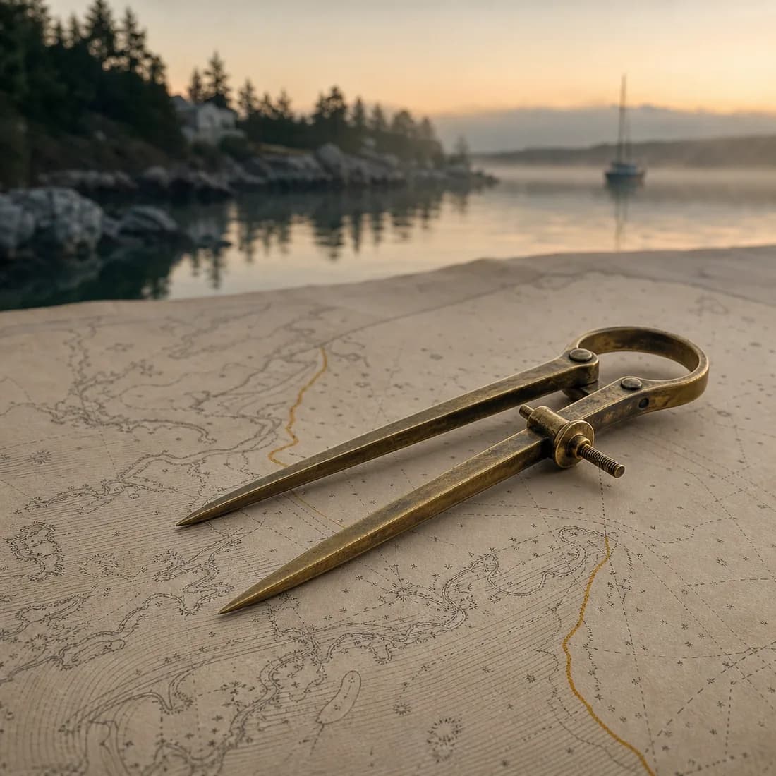 A brass pair of dividers resting on an engraved nautical chart, one gold contour line beneath them