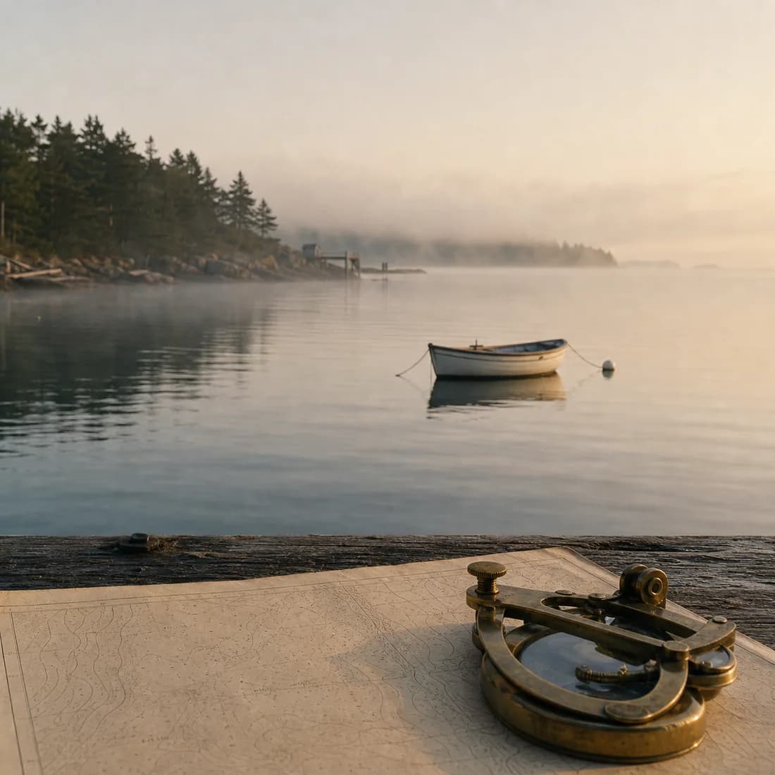 A New England harbour at dawn: long calm water, thin fog, one moored boat under a muted ivory sky