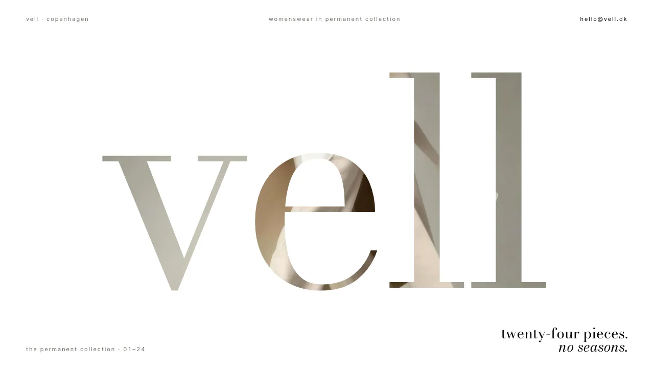 Website design — the vell wordmark knocked out of a white plane over a full-bleed campaign photograph