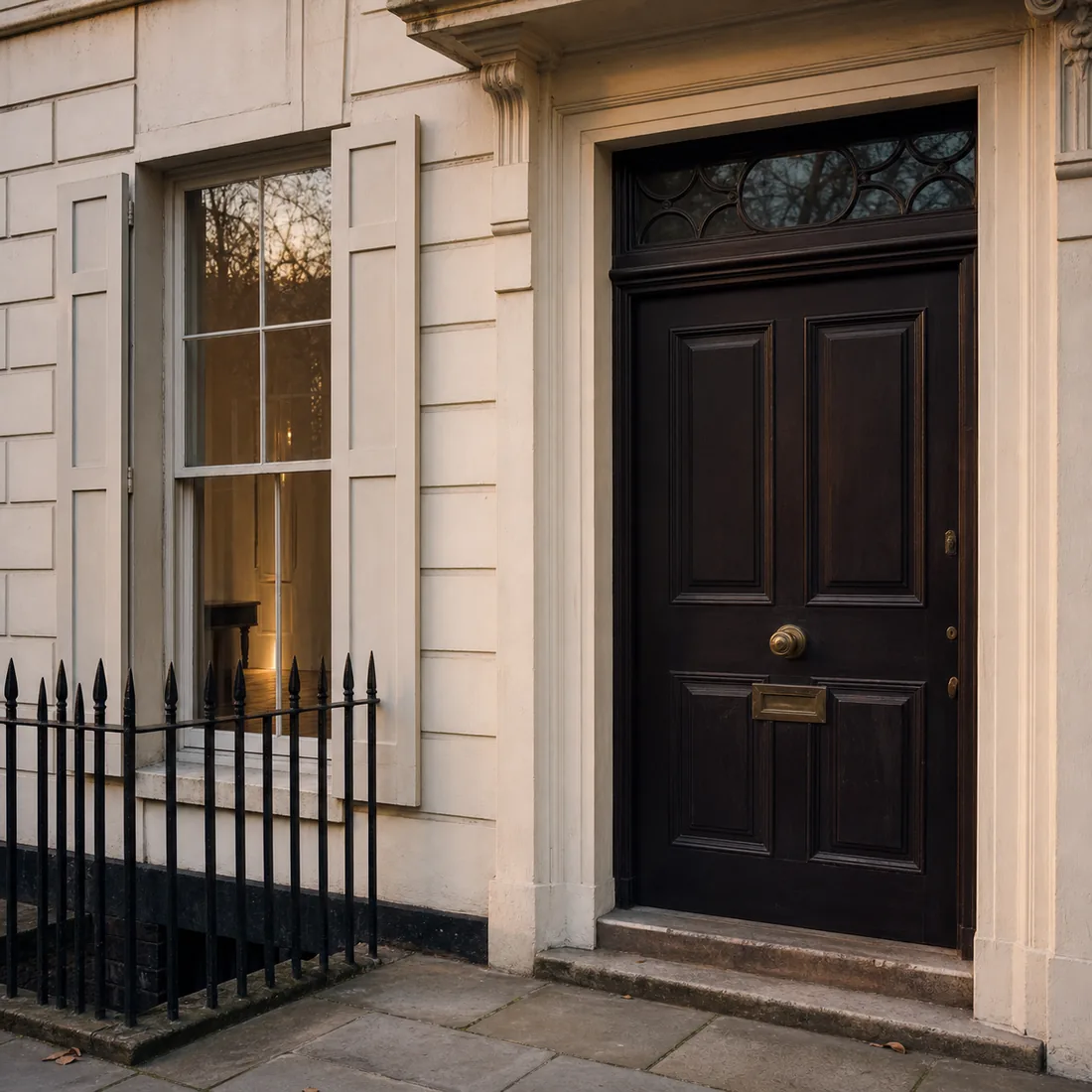 A Georgian front door on a quiet Marylebone street at first light, no signage and no board, nobody about