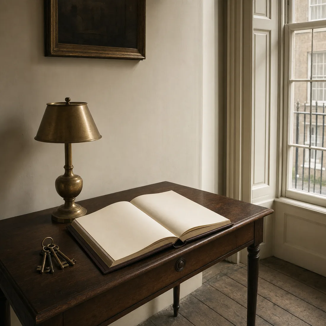 A leather-bound register open on a hall table beside a brass lamp and a set of keys, against a cream wall