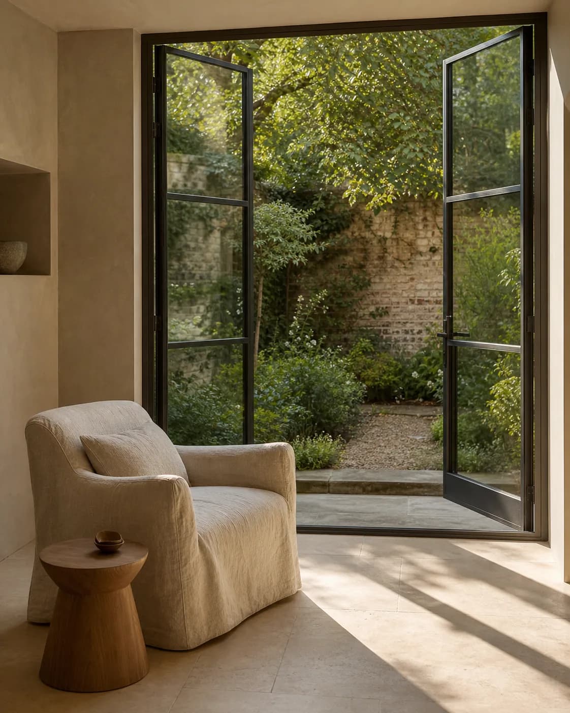 Garden room with slim steel-framed doors opening onto a walled garden, limestone floor in warm light