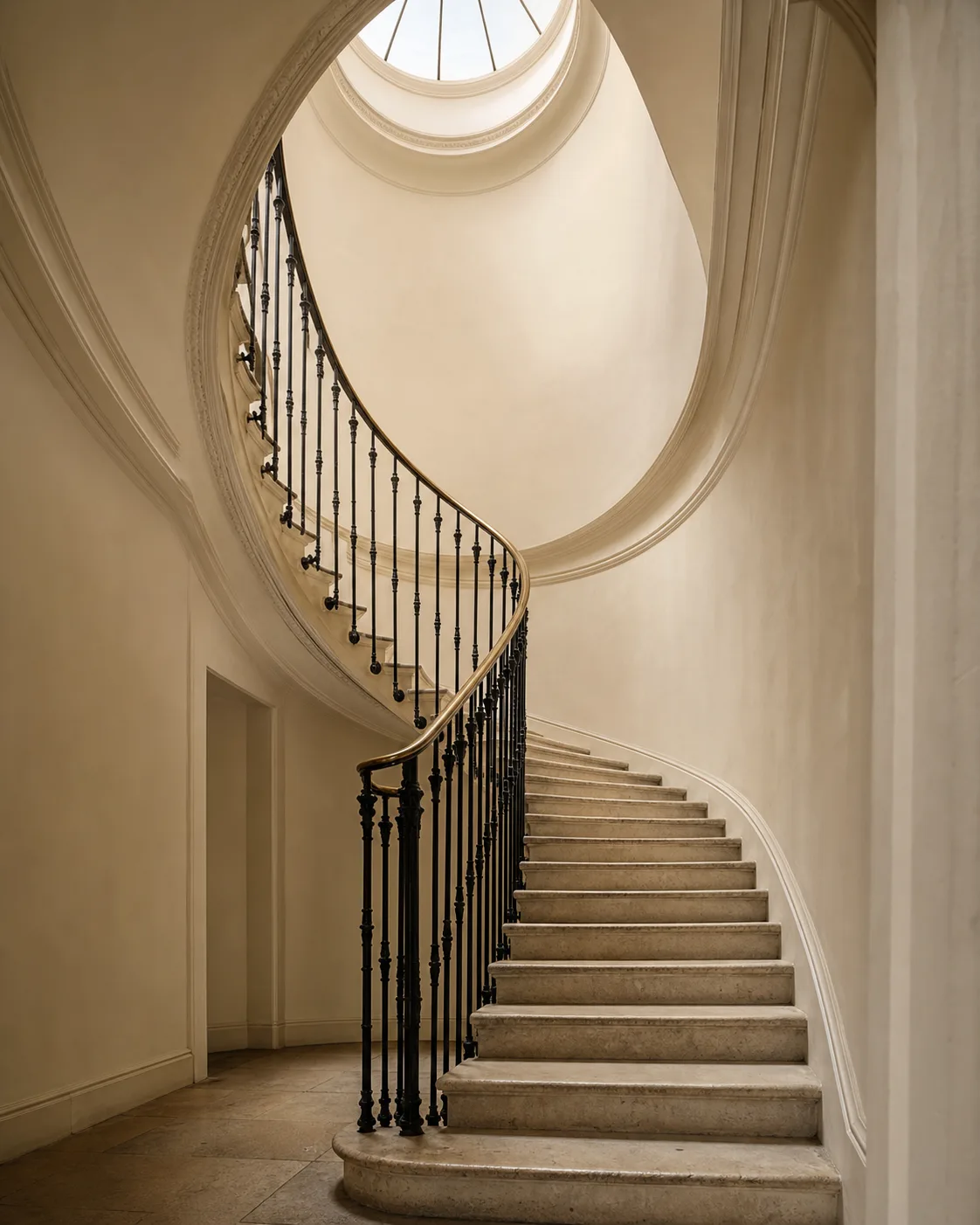 Cantilevered stone staircase curving beneath an oval roof lantern in a Georgian townhouse