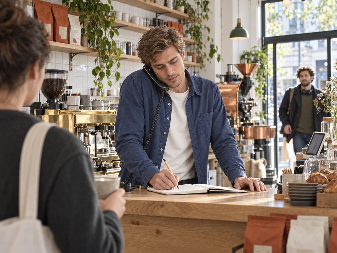 The owner of a small coffee shop behind the counter on a busy morning, the phone at his ear, writing an order into a paper notebook while a customer waits.