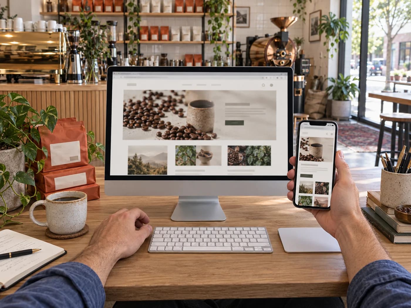 A desk seen from the owner’s own chair: the same website open on a large monitor, and on the phone he is holding up beside it.