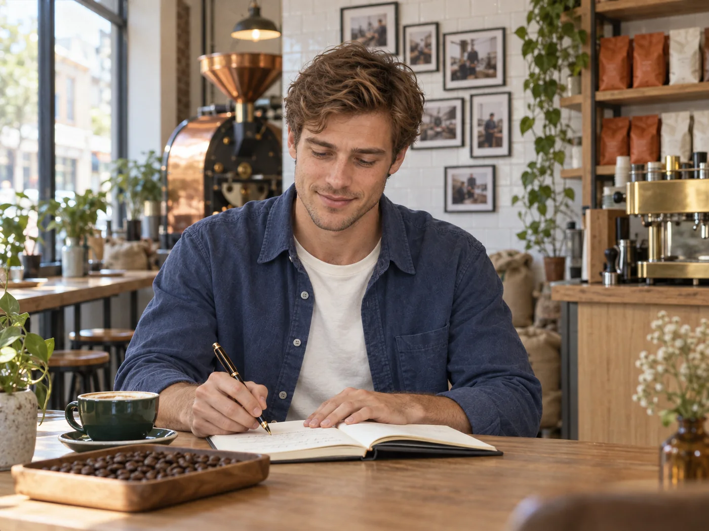 The owner of a small coffee shop writing in a notebook beside his roaster, framed photographs of the shop’s first days on the wall behind him.