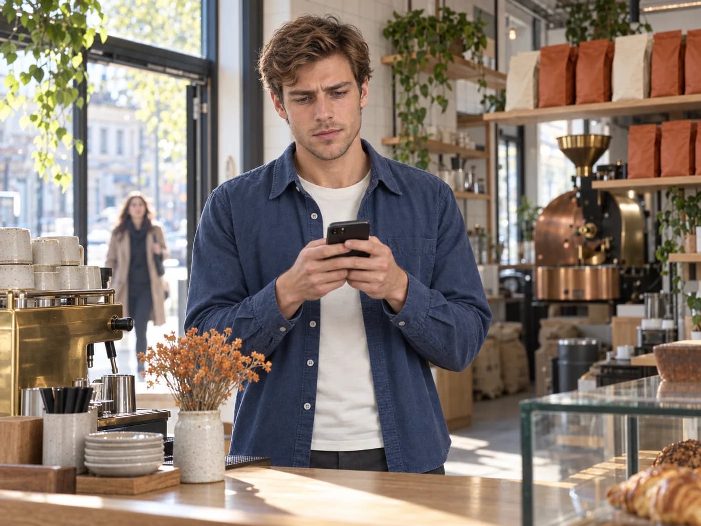 The owner of a small coffee shop standing behind his counter in the morning, studying his own website on his phone while a customer walks up to the door.