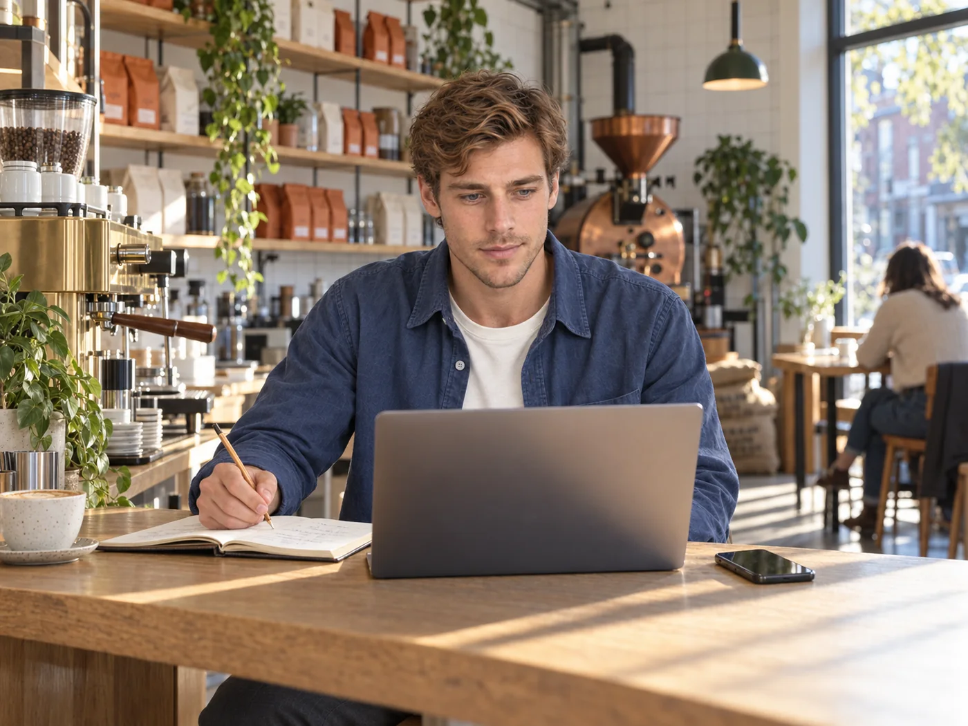 The owner of a small coffee shop at a table with his laptop open, working through the day’s enquiries with a customer notebook beside him.