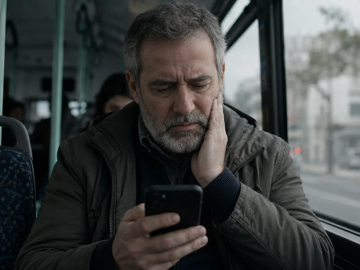 A man on a bus in the morning scrolling one long page on his phone with his other hand held to the sore side of his jaw