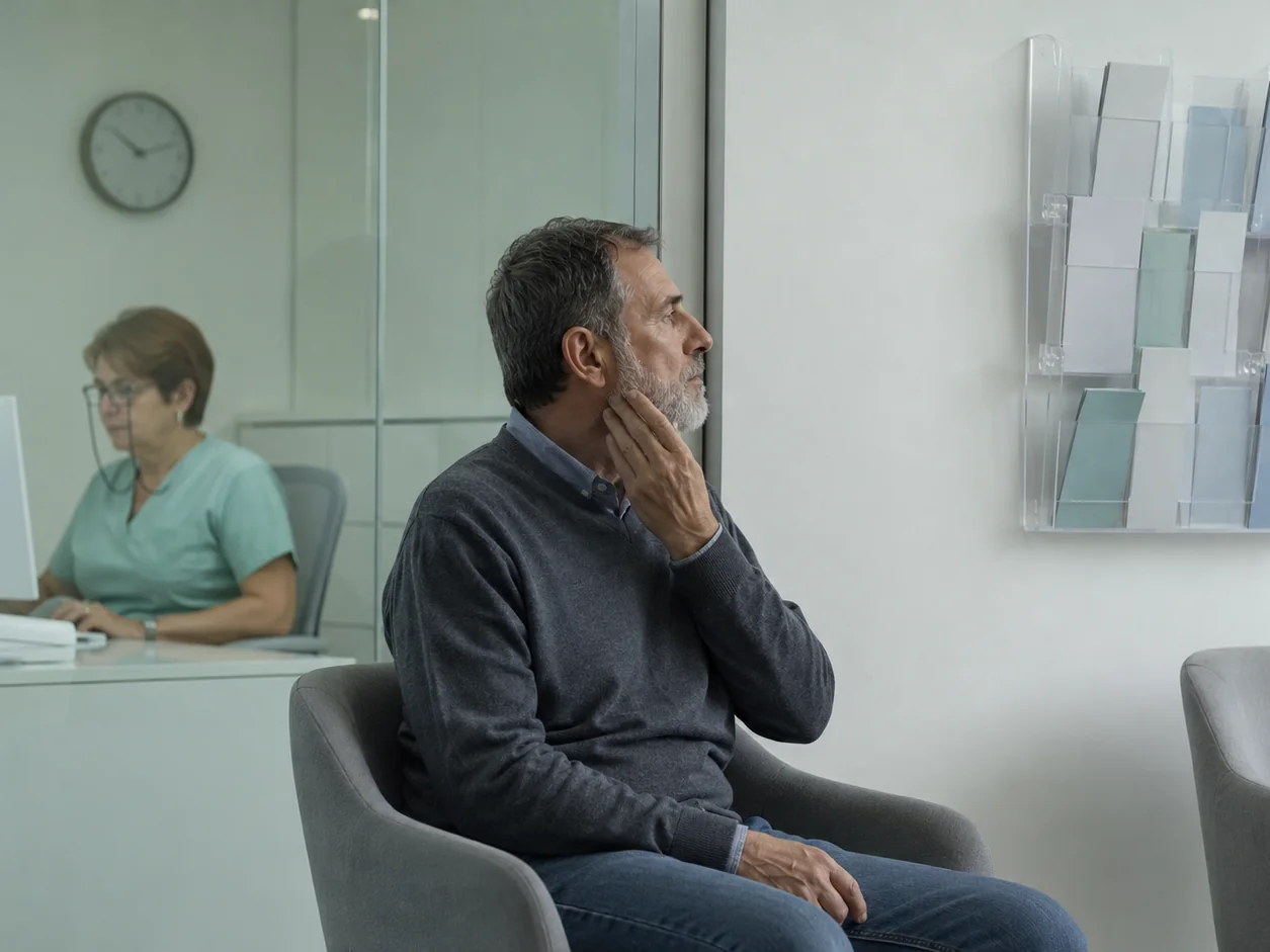 A patient waiting in a dental waiting room with his hand on his jaw, looking at a rack of leaflets on a bare wall, the receptionist working behind the glass partition