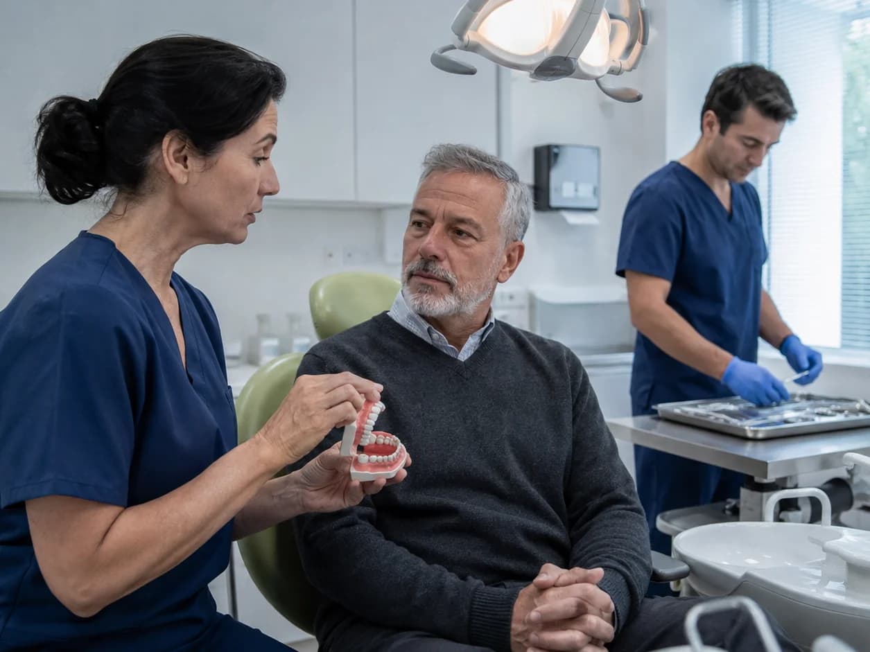 A dentist explaining a treatment with a model of a jaw in her hands while the patient sits upright in the chair with his hands clasped, the nurse at the tray behind them
