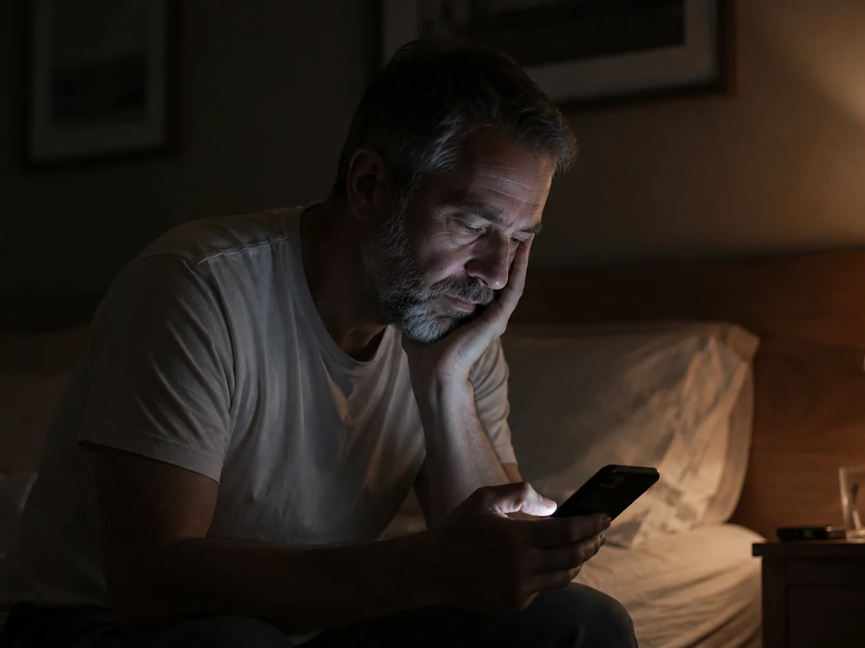 A man on the edge of his bed late at night with one hand pressed to his cheek, typing a question into his phone by the light of a single bedside lamp