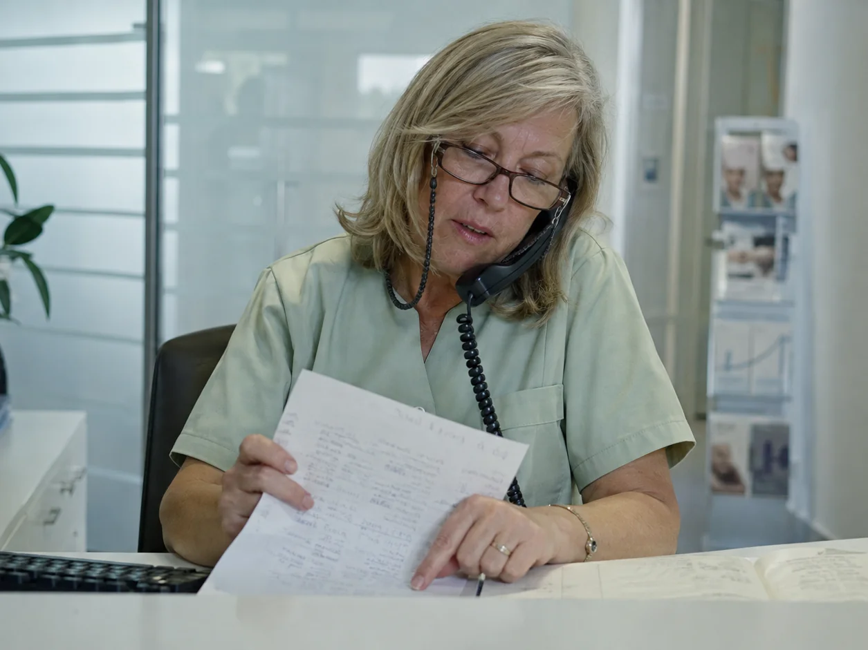 A dental receptionist on the phone first thing, holding a creased paper waiting list of names with no times pulled from under the keyboard, her finger halfway down it