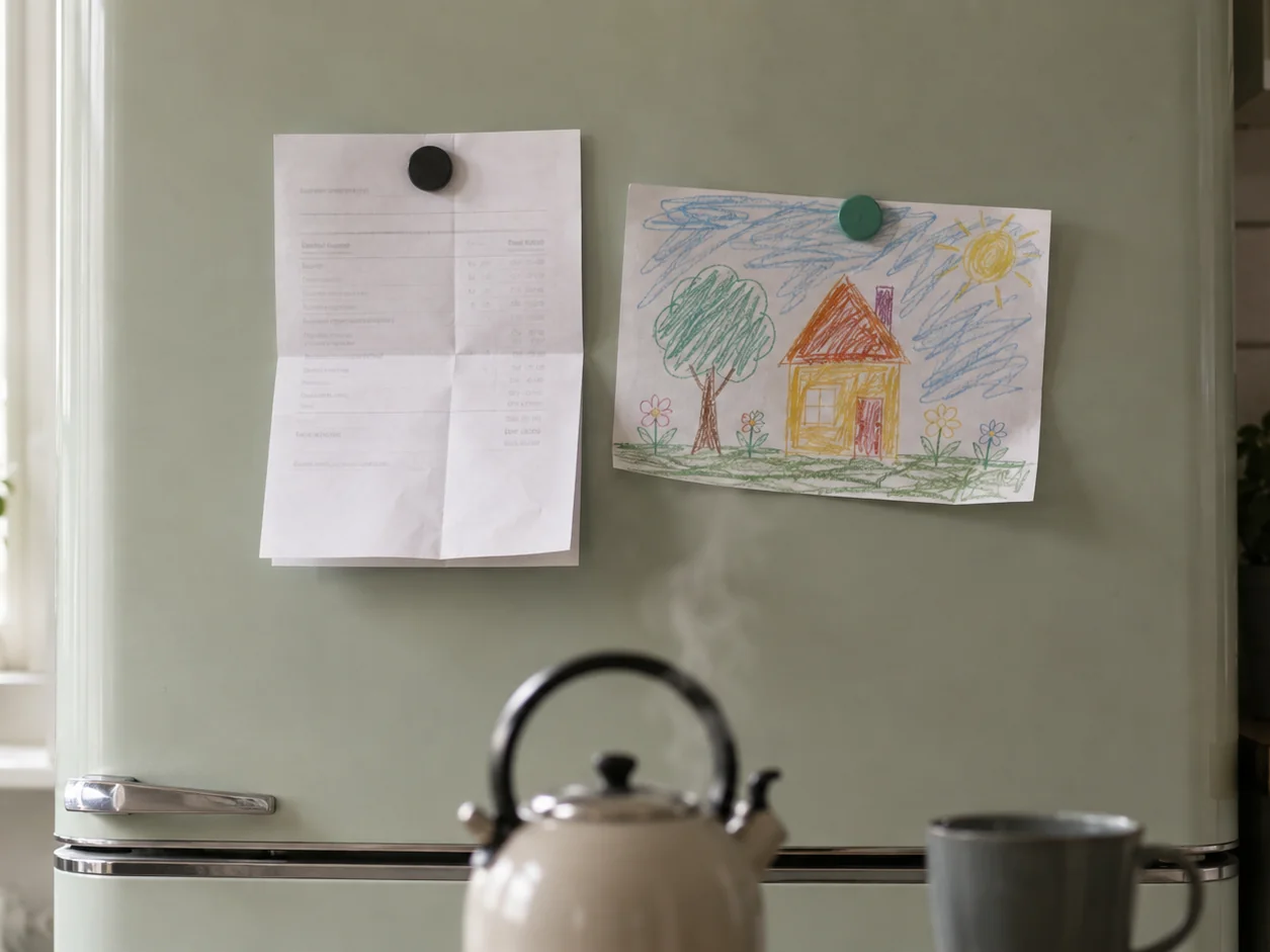 A folded treatment estimate held under a magnet on a family fridge with its edges curling, a child's drawing pinned beside it and the kettle steaming on the counter