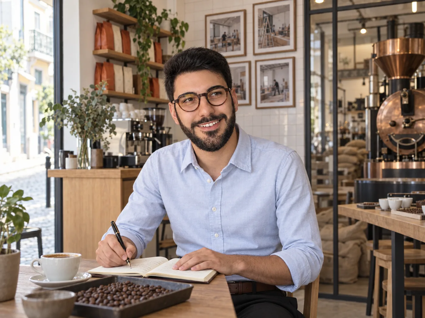 The owner of a small coffee shop writing in a notebook beside his roaster, framed photographs of the shop’s first days on the wall behind him.