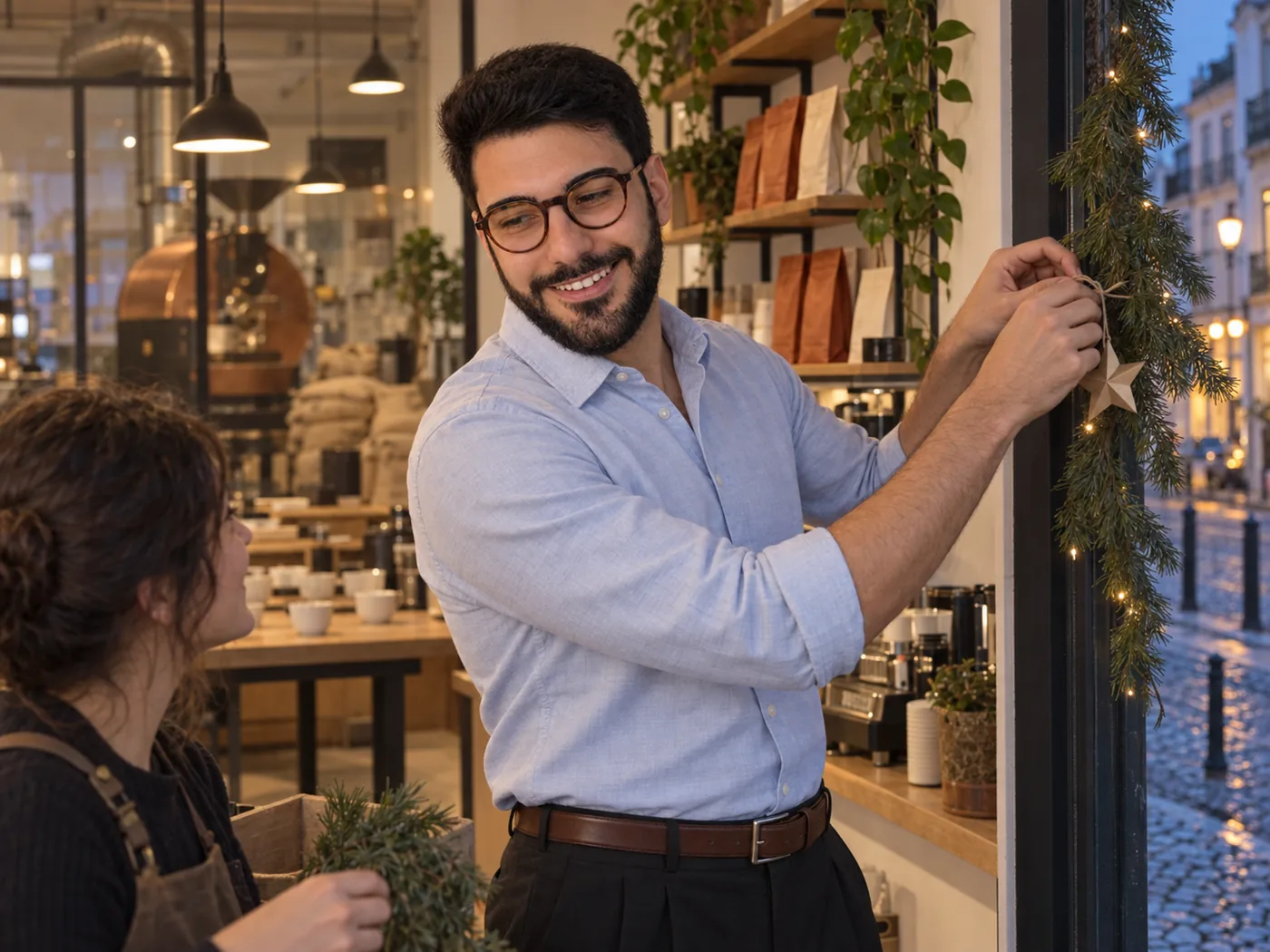The owner of a small coffee shop inside the front window at dusk, tying paper stars onto a pine garland for the winter display while an assistant hands him more branches.