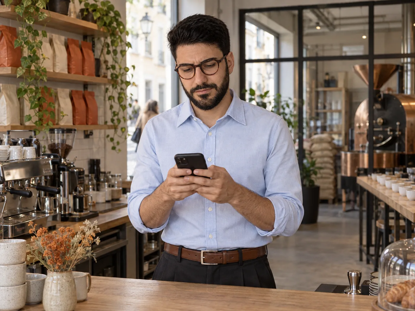 The owner of a small coffee shop standing behind his counter in the morning, studying his own website on his phone while a customer walks up to the door.