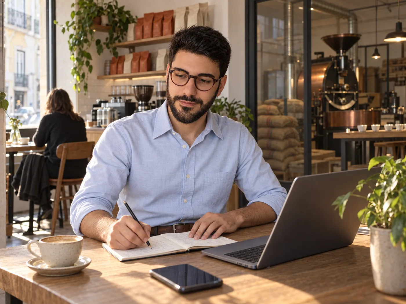 The owner of a small coffee shop at a table with his laptop open, working through the day’s enquiries with a customer notebook beside him.