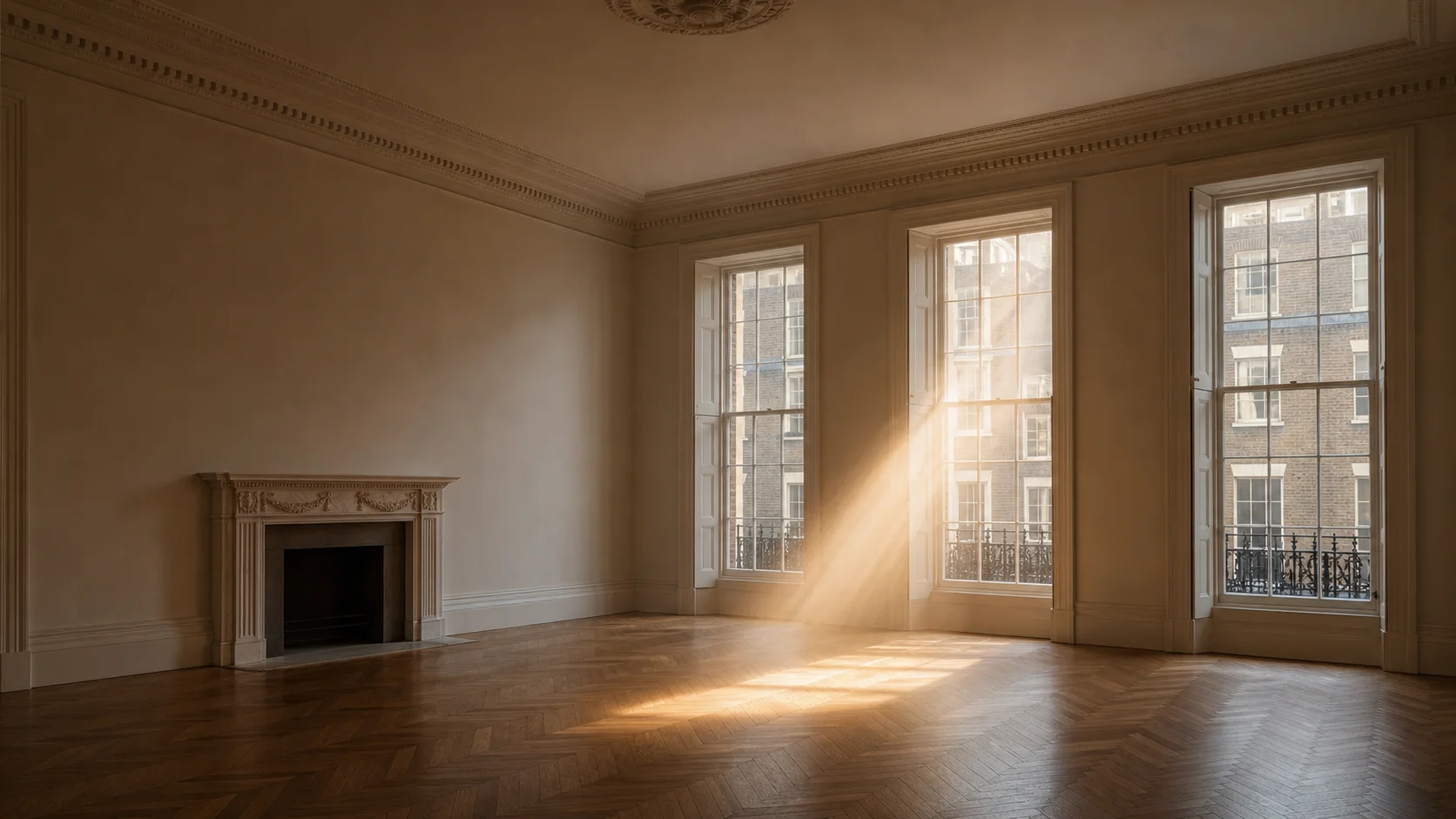 An empty Georgian drawing room at dawn: tall sash windows, folded shutters, herringbone parquet, and a single shaft of first light across the floor