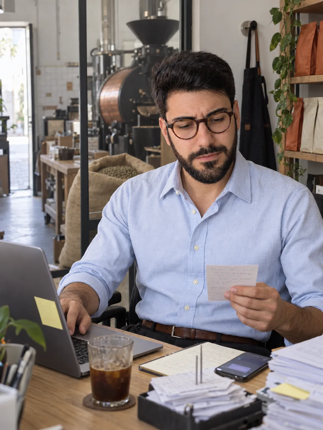 Gabriel hunched at his back-office desk copying a paper order into his laptop among slips and invoices, while the copper roaster stands cold behind the glass.