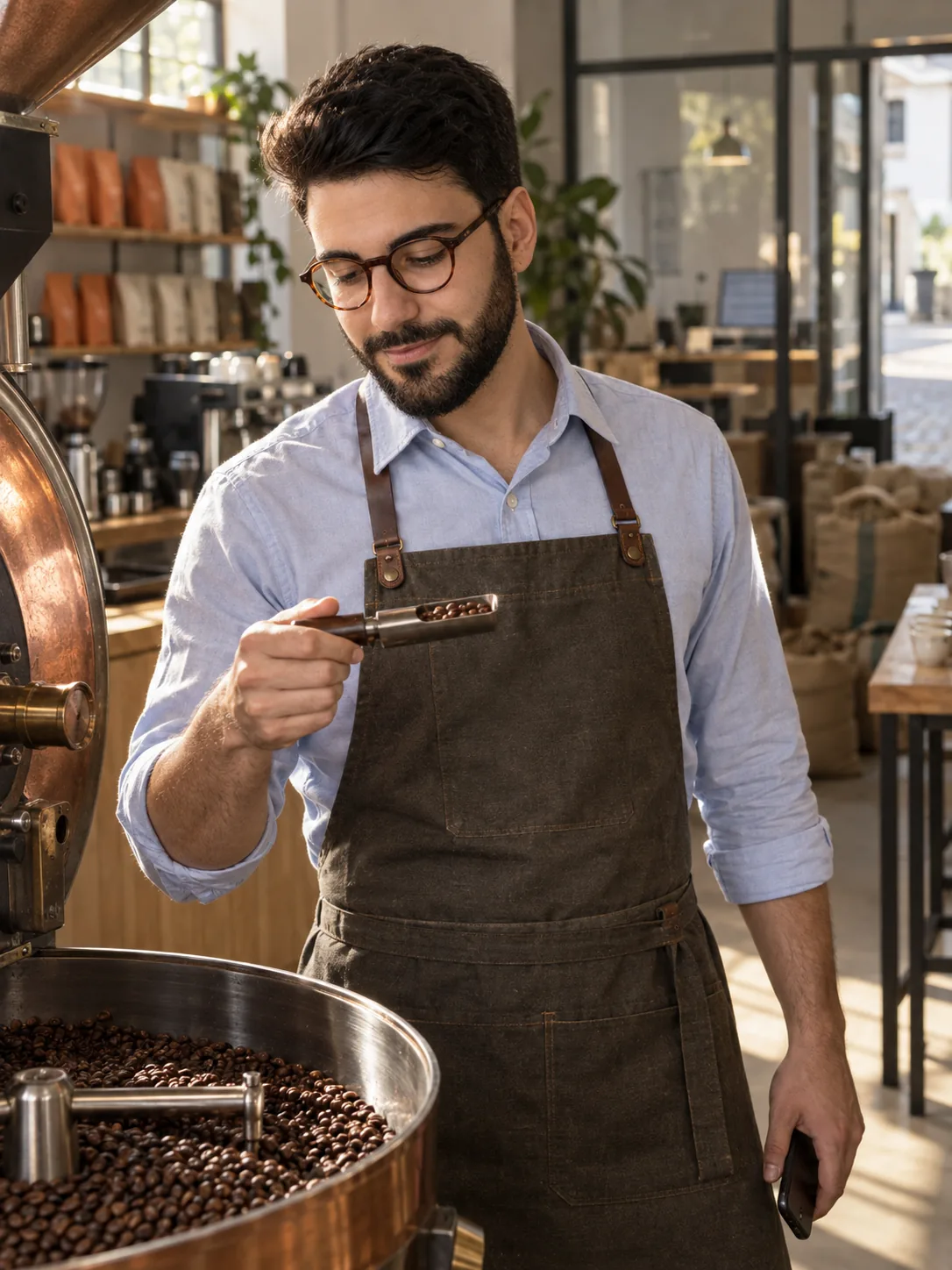 Gabriel in a roasting apron at the copper roaster, looking at a fresh batch in the sample trier with a small smile, his phone in his other hand, while the back office behind him sits empty.