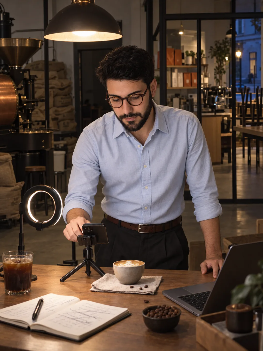 Gabriel alone after closing, photographing a styled latte for a post on a tripod, beside his laptop, a notebook and a cold coffee.