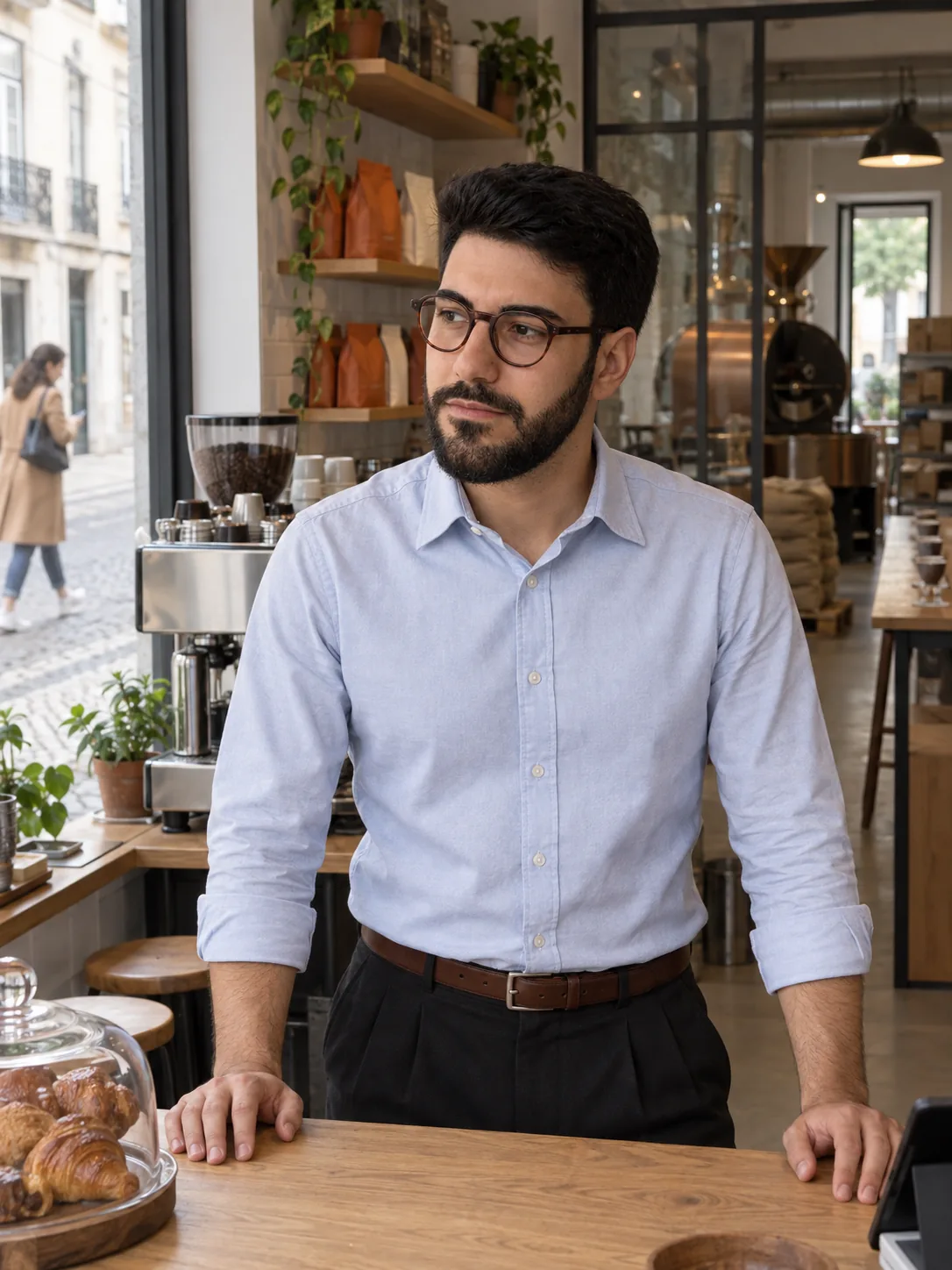 Gabriel behind the counter of his spotless, empty coffee shop, watching the street, while outside the window a woman with her phone walks on past the door.