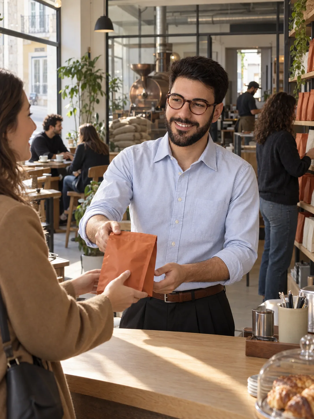 Gabriel handing a rust-orange bag of coffee across the counter to the same woman, now inside, in a sunlit shop with customers at the tables.