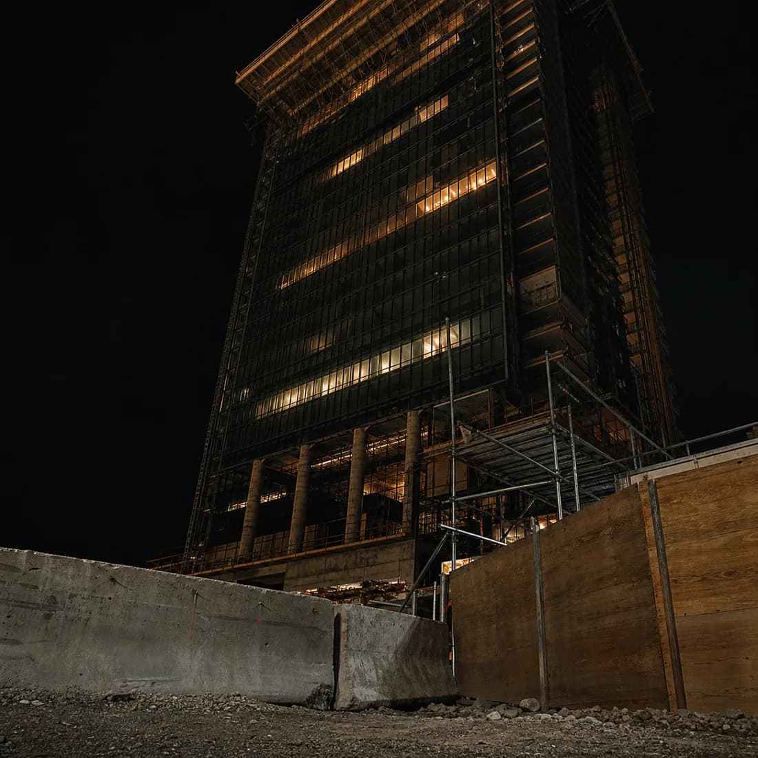 A glass tower at night seen from below, a few windows lit amber, gravel and site hoarding in the foreground