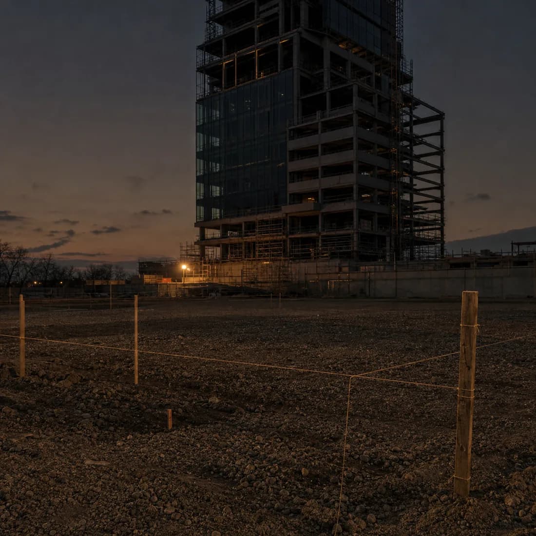 An empty gravel lot at dusk, surveyor's stakes and string lines across it, one distant light