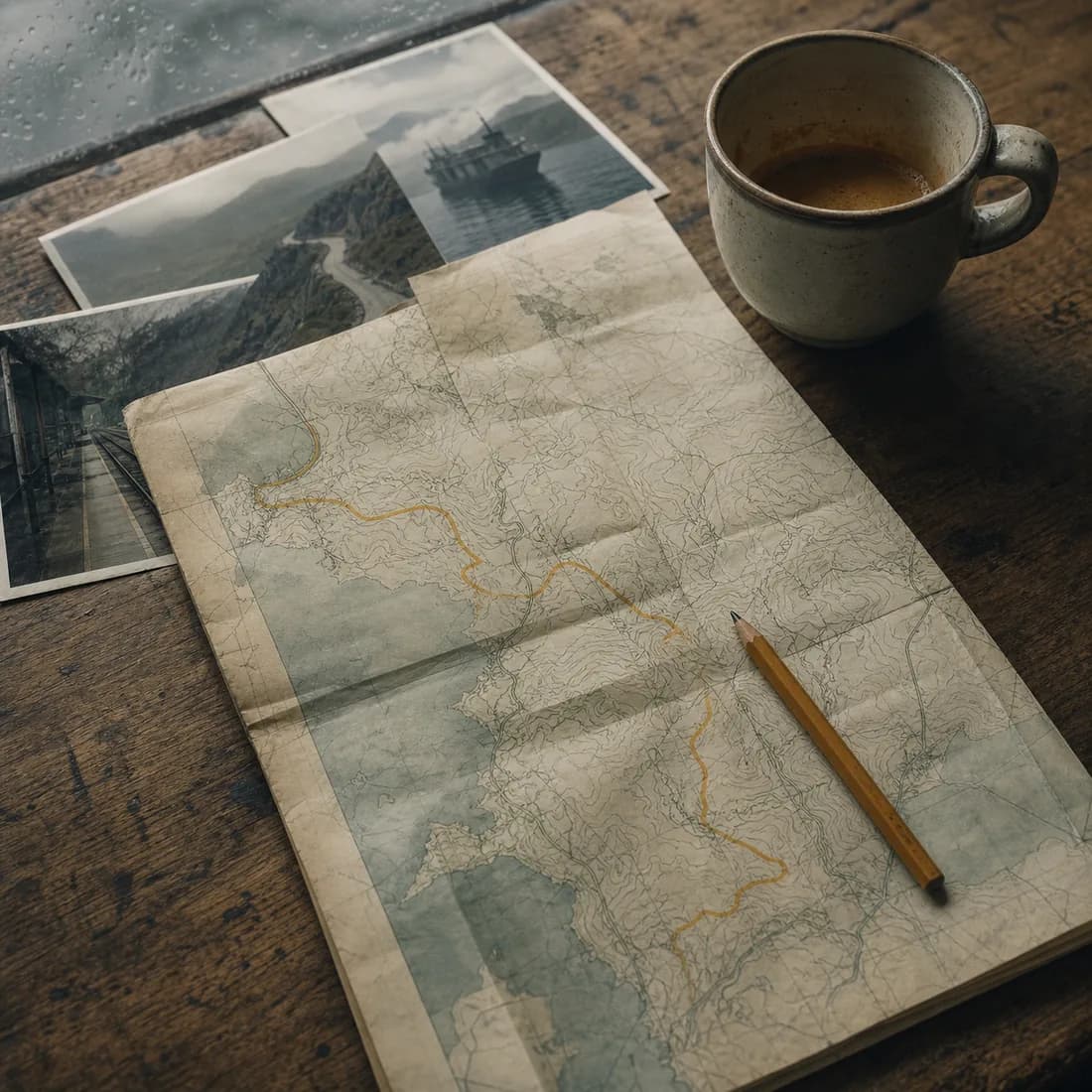 A route drawn by hand in ochre pencil across a folded paper map on a wooden table, a cold cup of coffee beside it