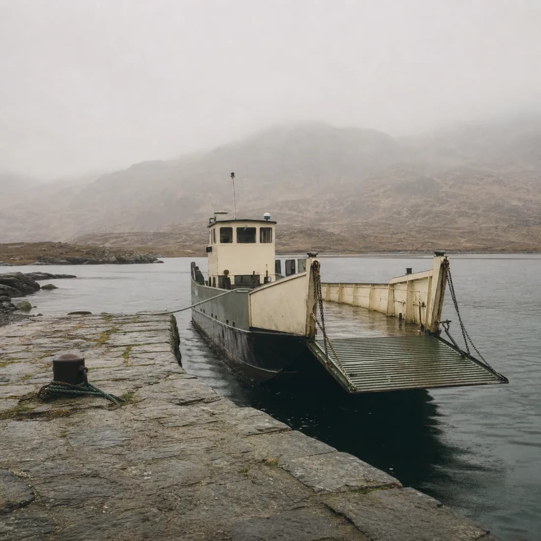 A small working ferry tied up at an empty stone quay in flat morning light, no passengers and no signage