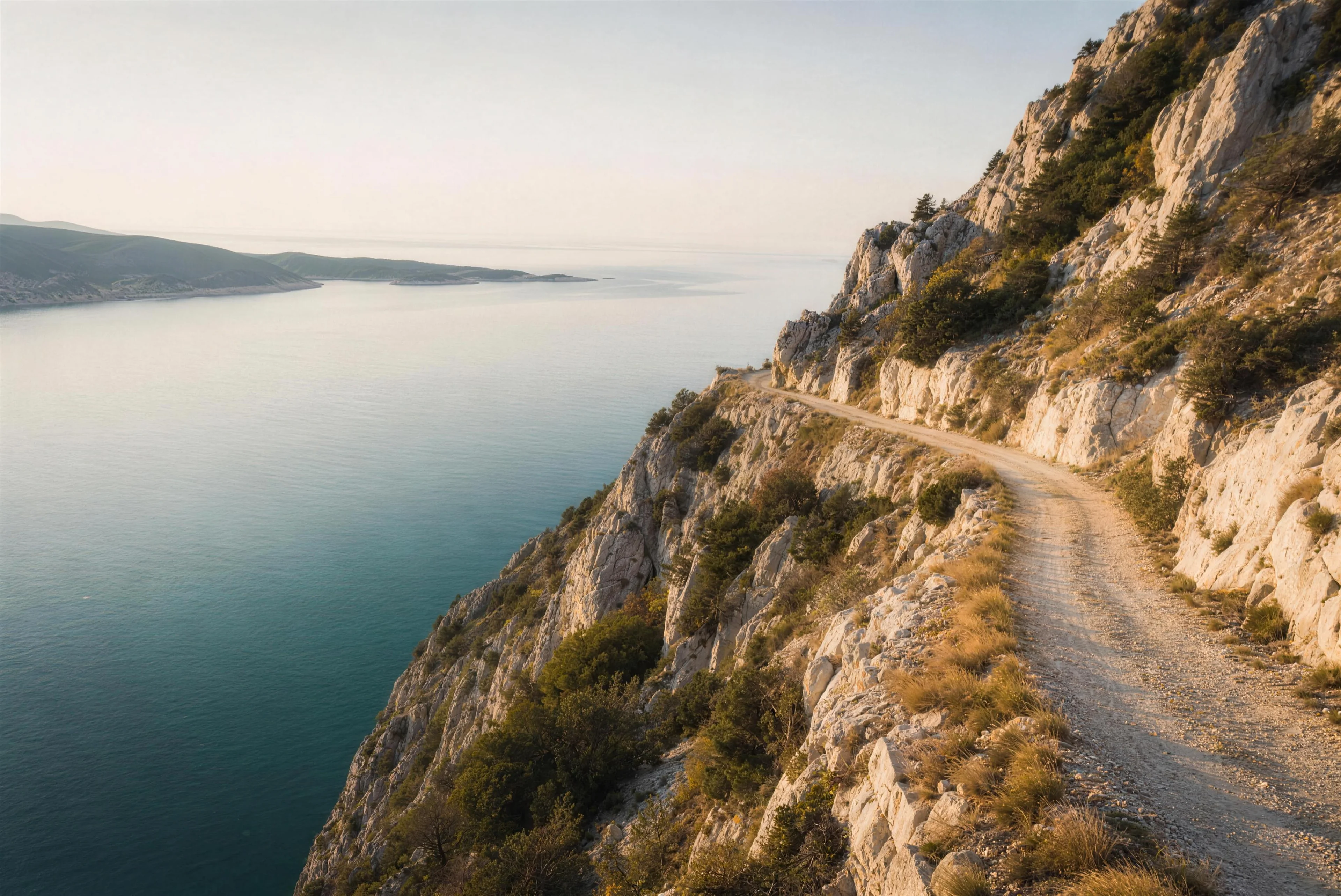 An empty gravel road carved into pale limestone cliffs high above a still sea channel at first light, an island shore dissolving into the haze, no cars and no signage anywhere