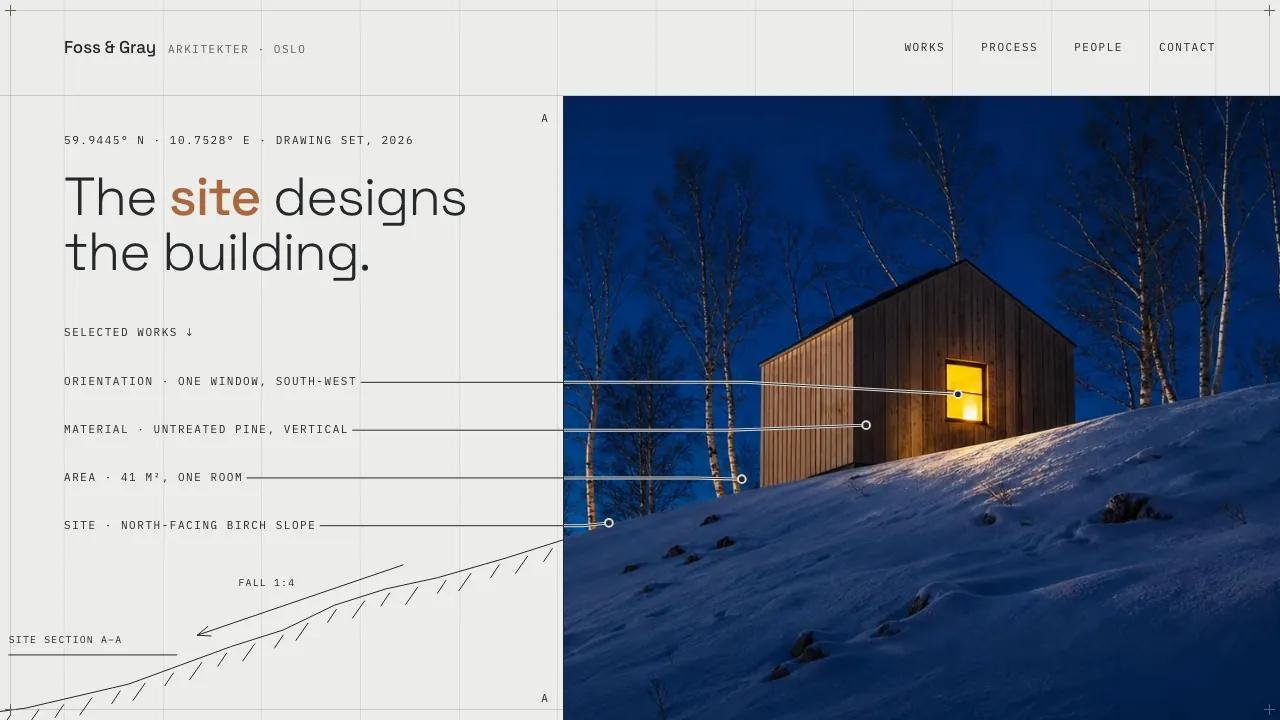 Website design — an architecture studio's homepage as a drafting sheet cut open, a drawn site section on the left and the photographed cabin at dusk right of the cut