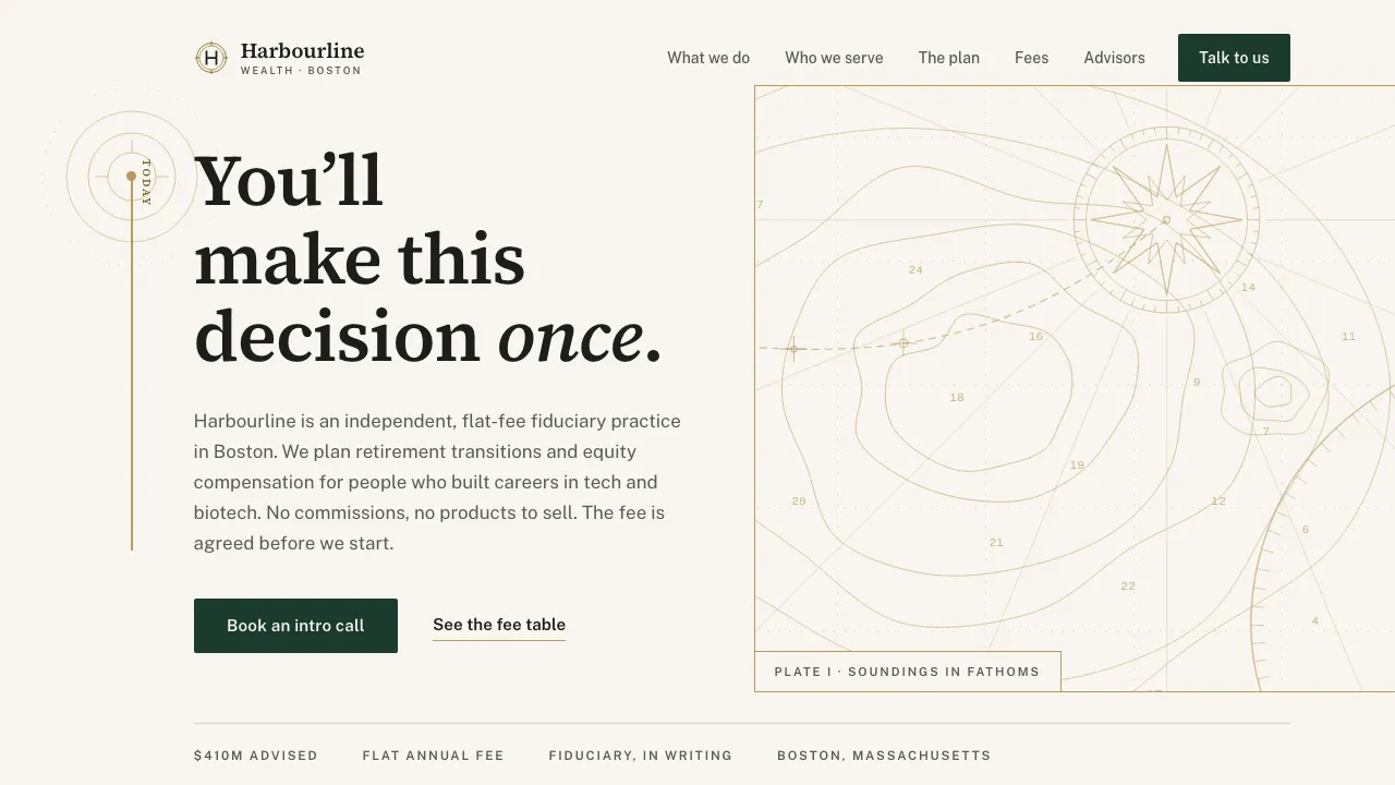Website design — an engraved harbour depth chart on its own plate beside the headline of a flat-fee fiduciary practice