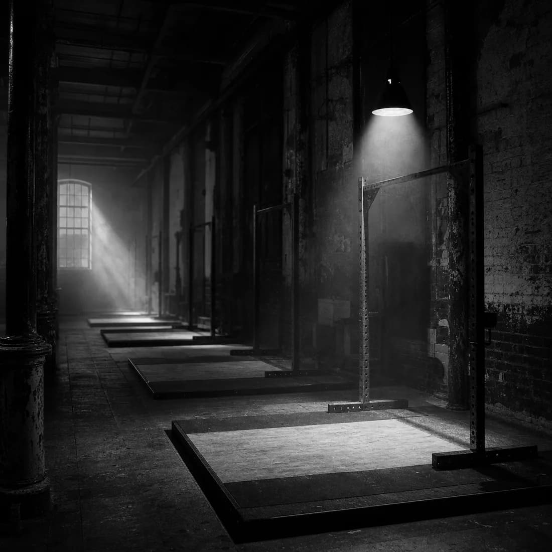 A row of empty lifting platforms in the dark mill, one lit by a single overhead lamp, chalk hanging in the air