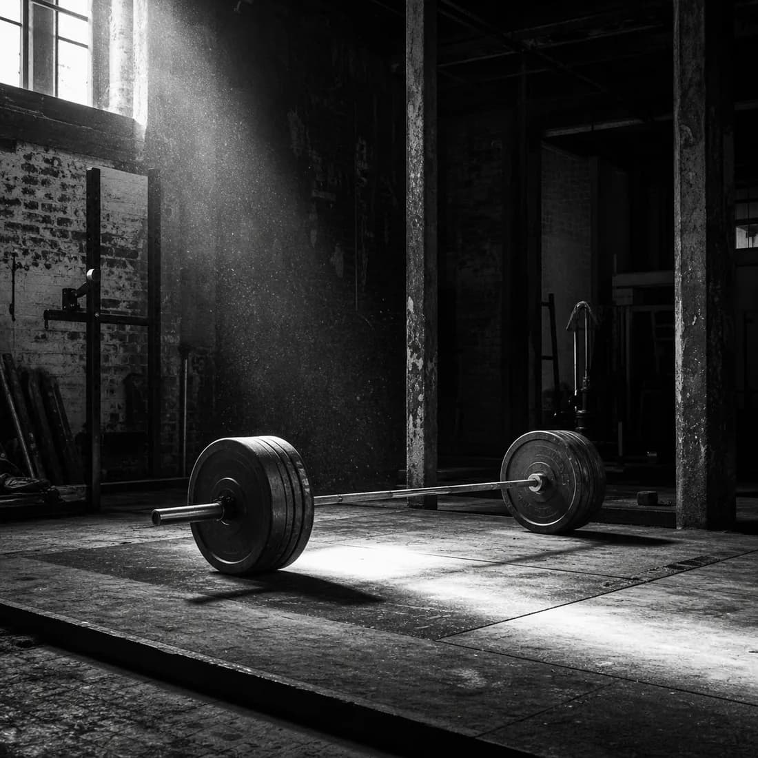 A loaded barbell abandoned mid-platform under one hard shaft of light, chalk dust hanging, nobody there