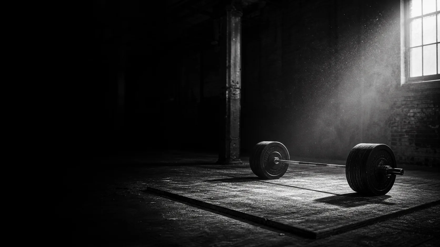 A loaded barbell alone on a lifting platform in a converted cotton mill, chalk dust hanging in one hard shaft of window light