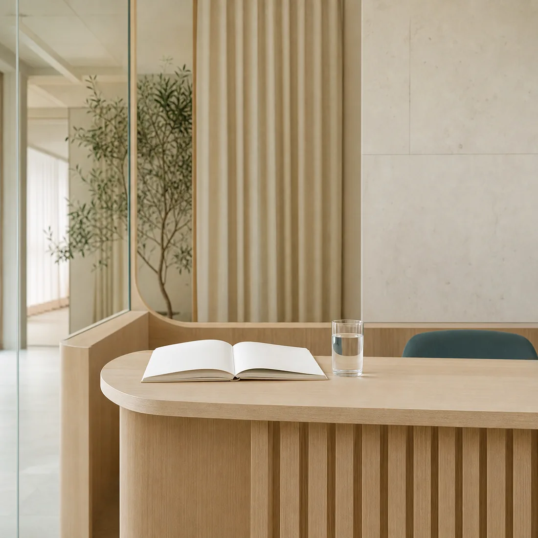 A calm reception desk with a single open appointment book and a glass of water in soft cream light