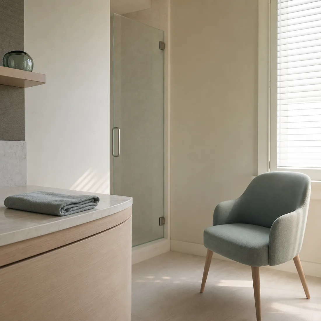 A consultation room at rest: one chair and a folded linen towel, soft daylight through a shutter, nobody in the room