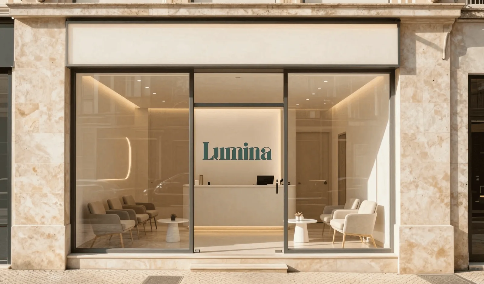 The Lumina Clinic shopfront in Príncipe Real, lit warm behind glass at dusk