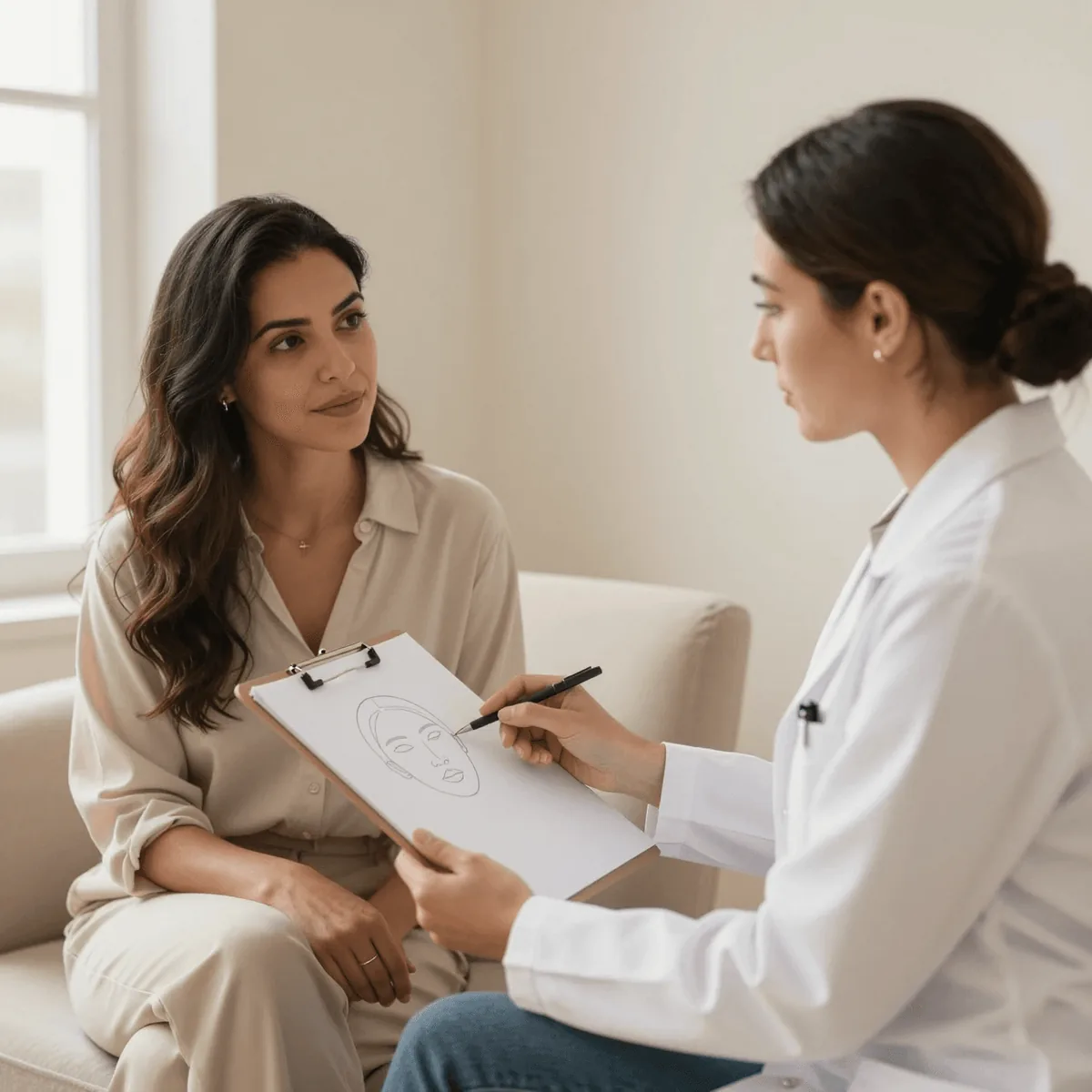 A practitioner sketching facial proportions on a chart while her client watches