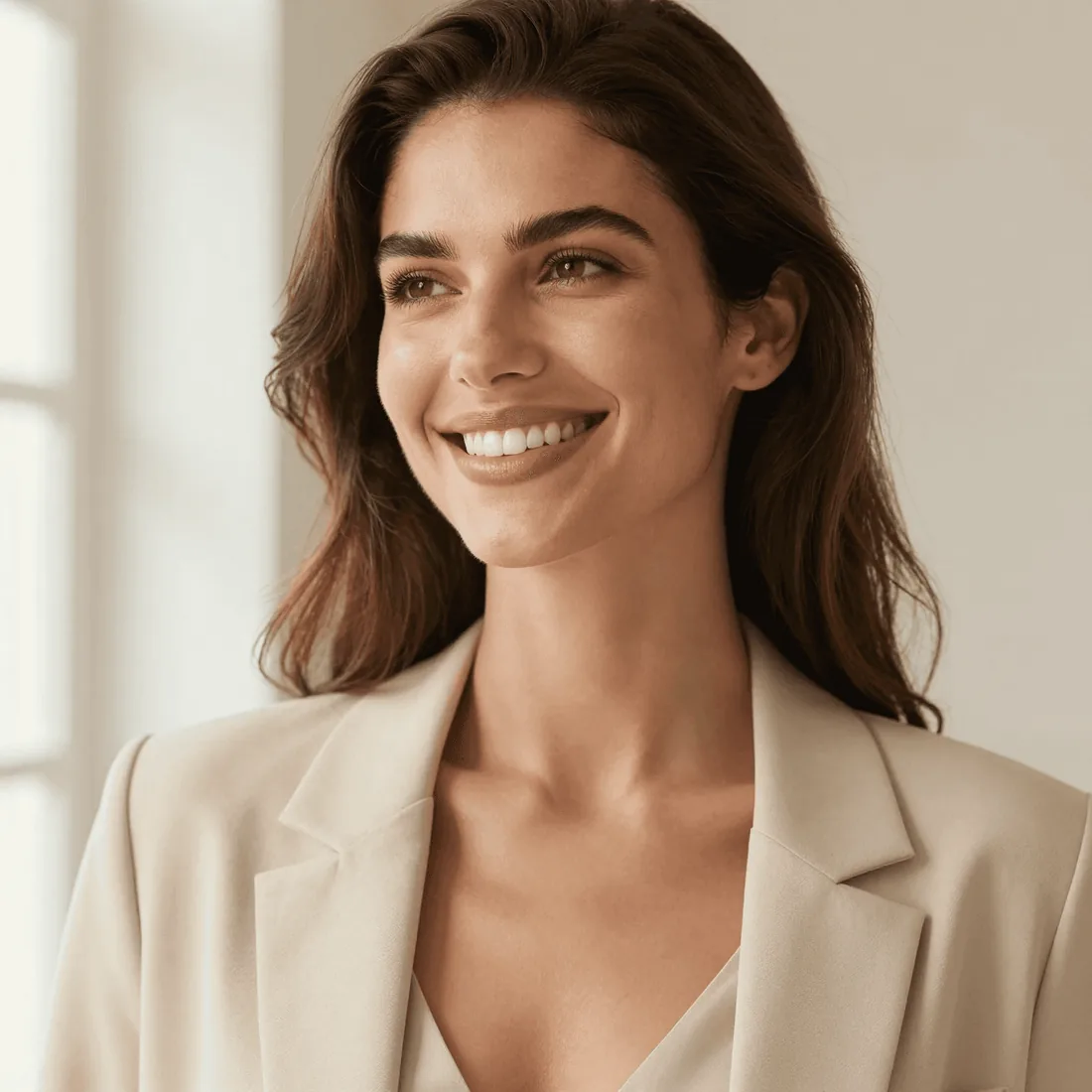 A client in a linen blazer, mid-laugh, in the clinic's front room
