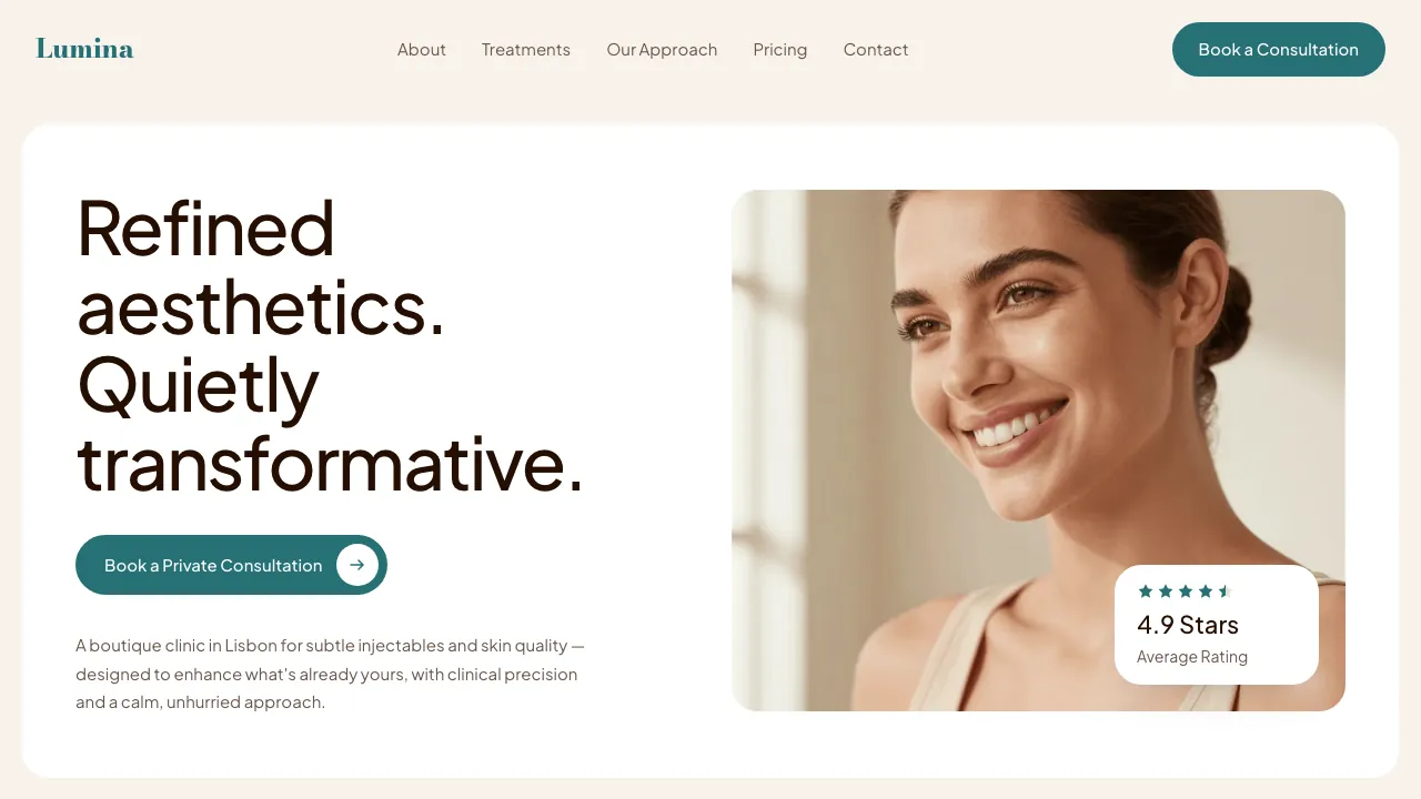 Website design — a warm cream clinic homepage, the headline set beside a woman at a sunlit wall
