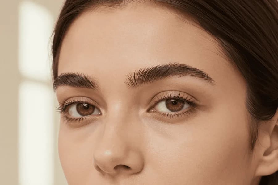 A close crop of a brow and eye, the expression line still visible when she frowns