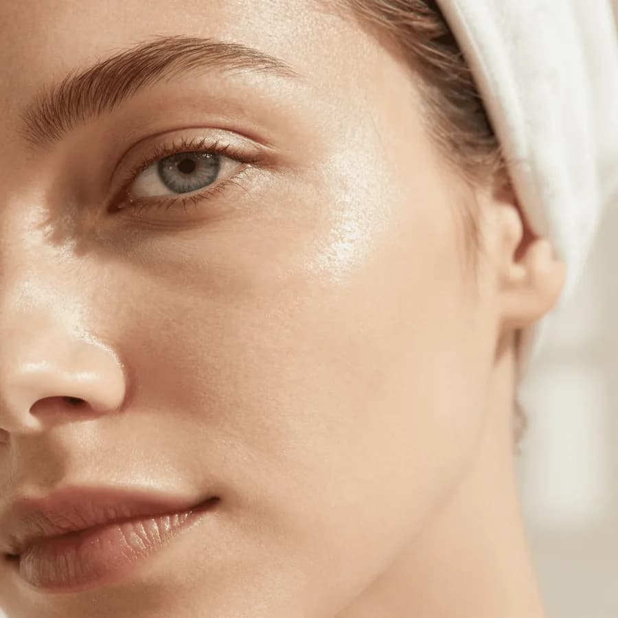 A close crop of an eye and cheekbone, skin catching the light