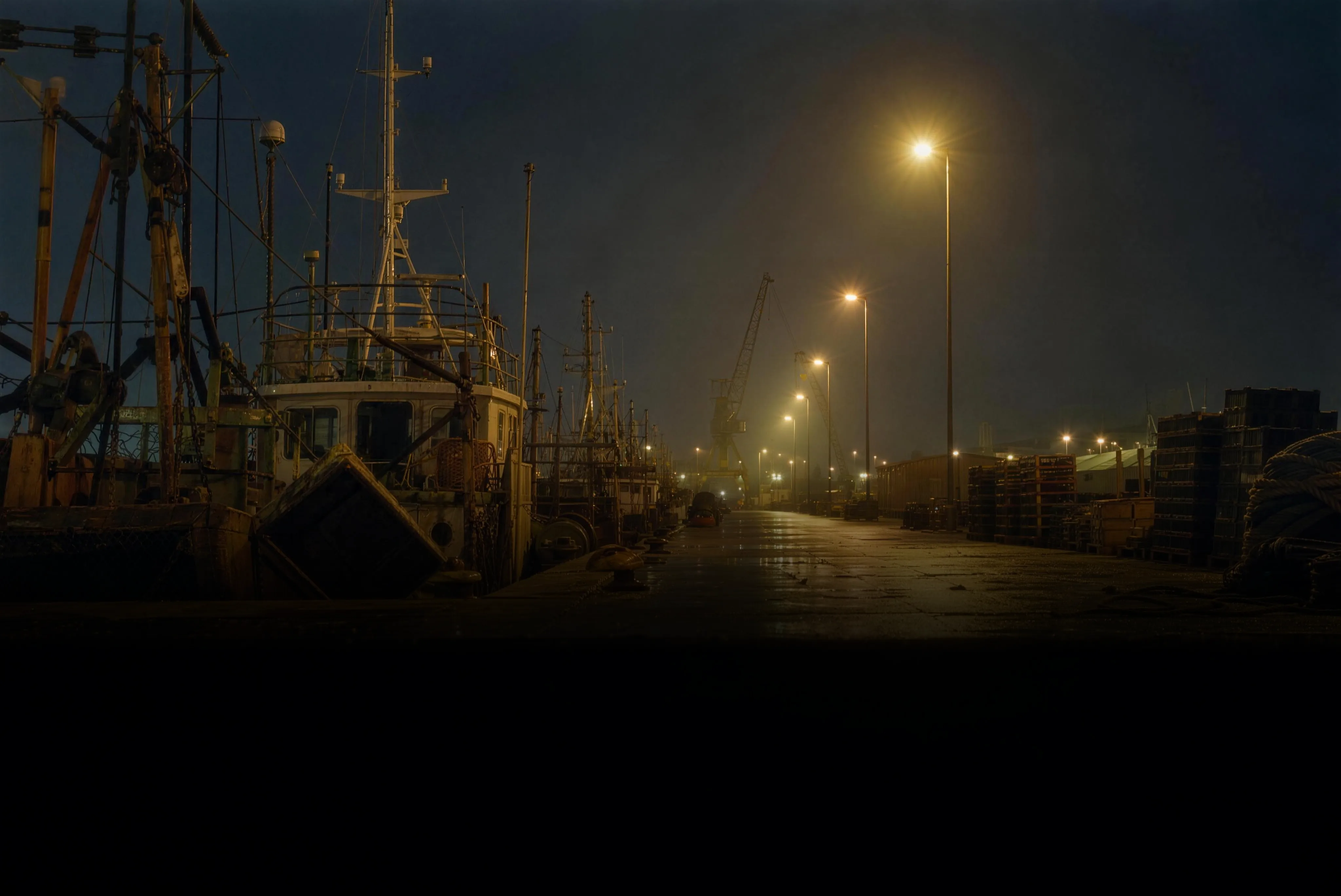 Barcelona's working port at night — moored trawlers, sodium lamps reflected on the wet quay, the foreground falling into darkness