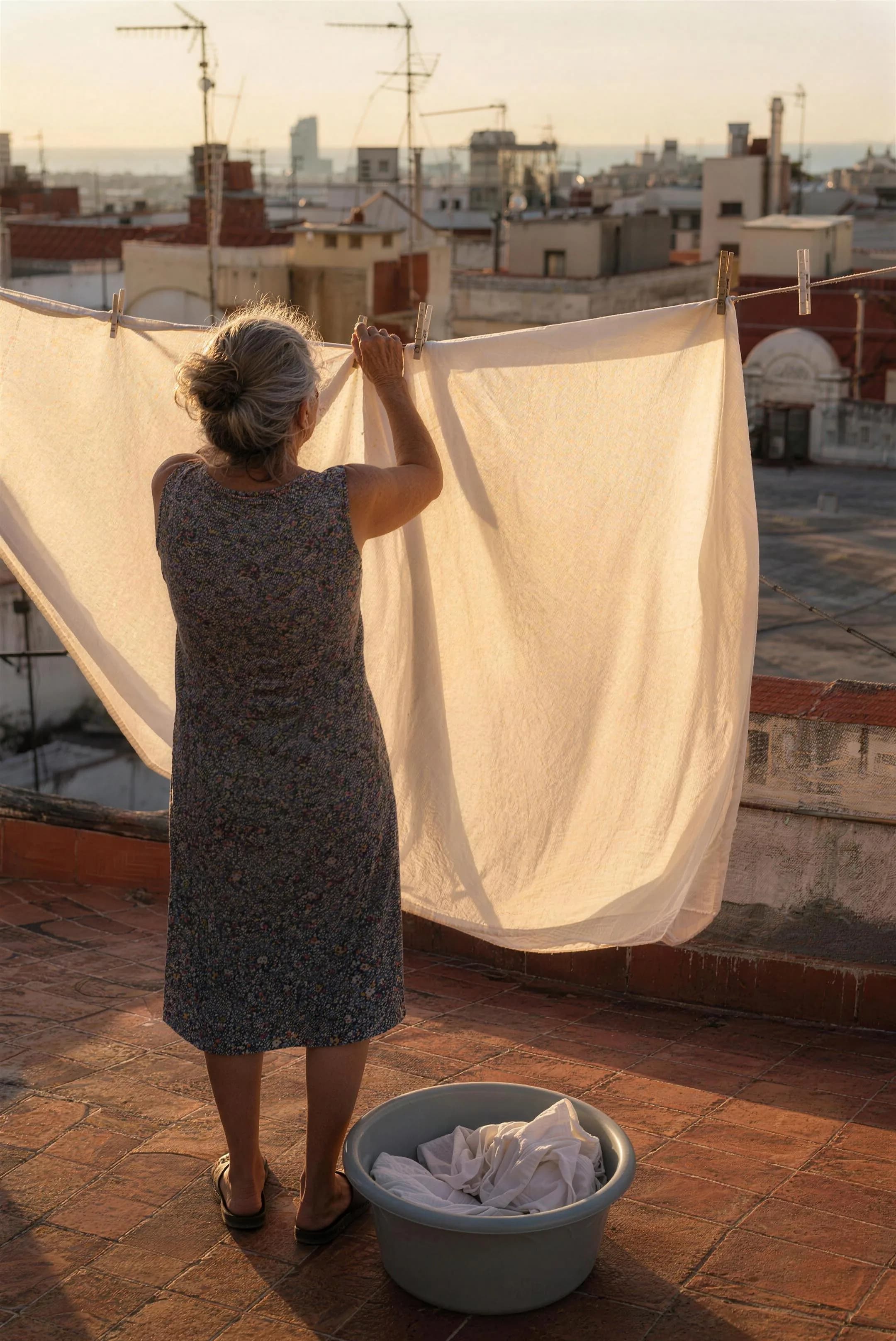 An older woman seen from behind pegging a white sheet to a rooftop washing line, the low sun glowing through the fabric, the city falling away behind